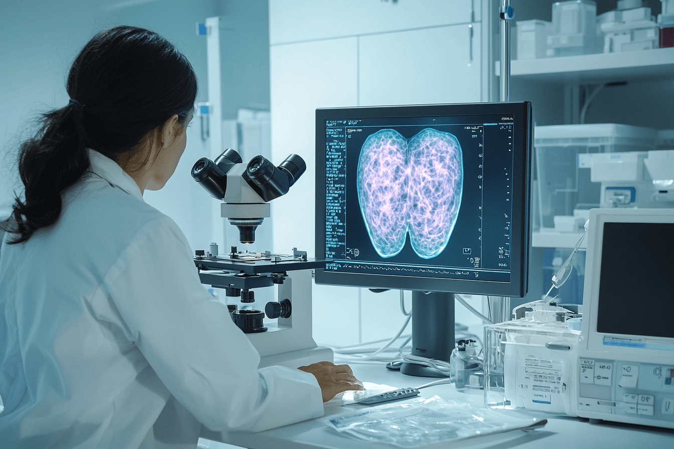 Breast Biopsy Results Explained: Adh, Alh, Fea, Papilloma, And Radial Scar 5 Breast pathologist reviewing biopsy slides with subtle abnormal duct cell patterns displayed on a monitor in a modern clinical pathology lab.