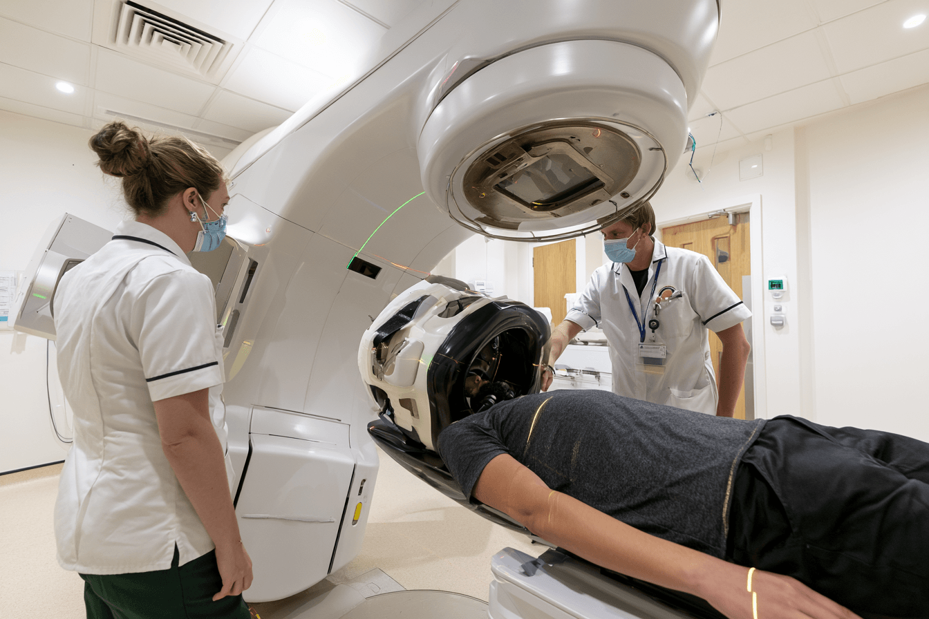 Ct simulation and immobilisation mask used to plan precise radiation therapy for anaplastic thyroid cancer.