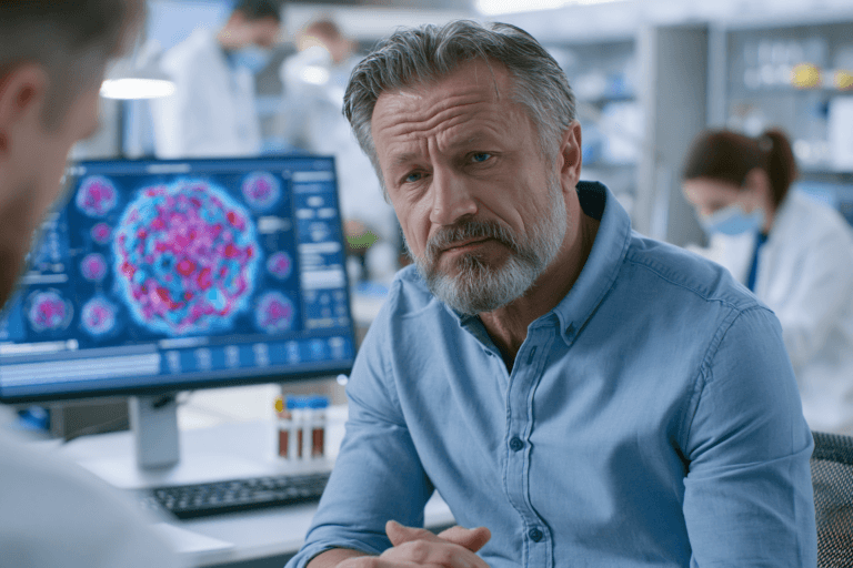 Patient discussing immune exhaustion symptoms with an immunologist during a medical evaluation