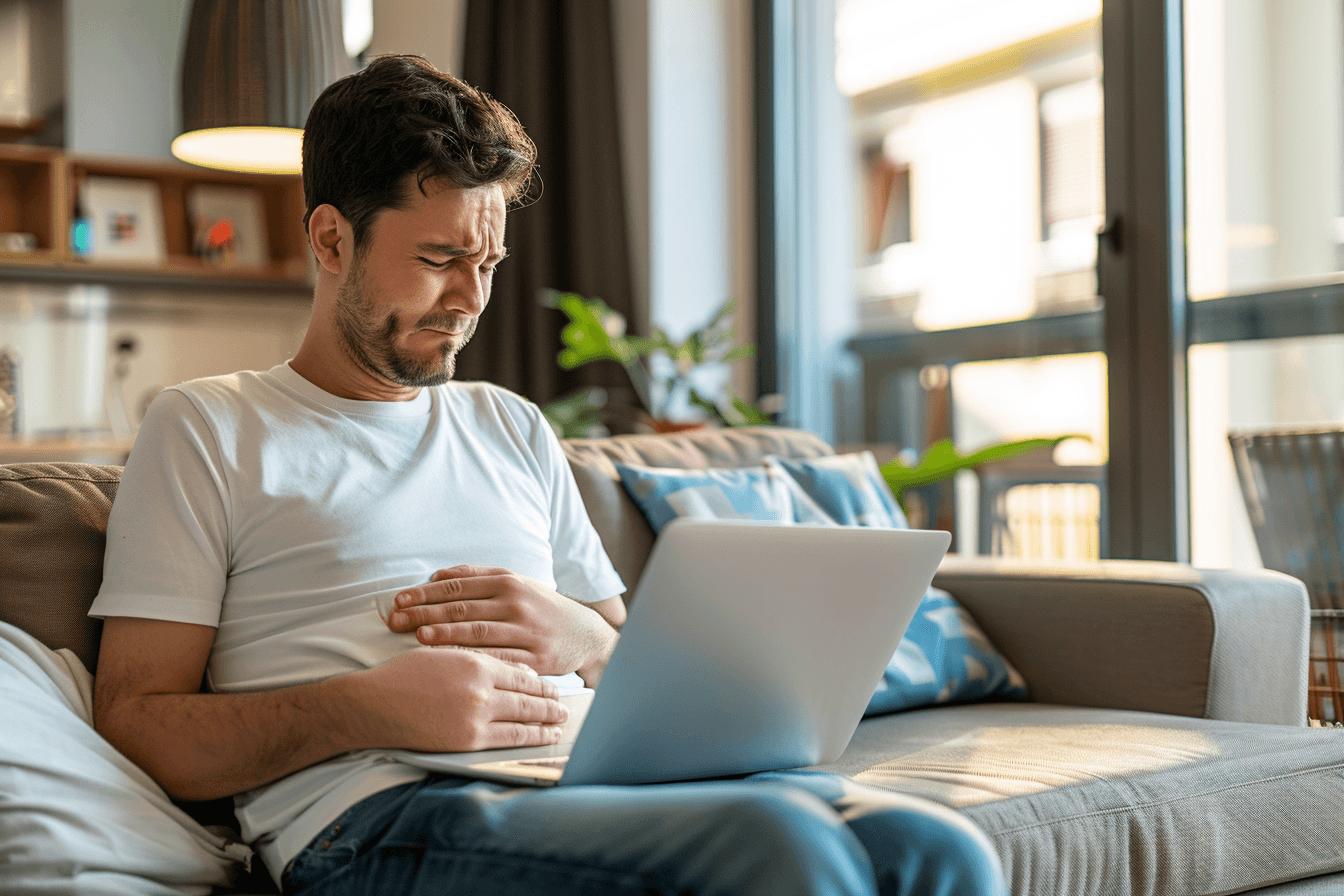 Pancreatic Cancer: Ayurvedic Approach, Causes, Treatment 3 Professional adult experiencing mild upper abdominal discomfort while working on a laptop, representing early subtle symptoms of pancreatic cancer such as fatigue and digestive disturbance