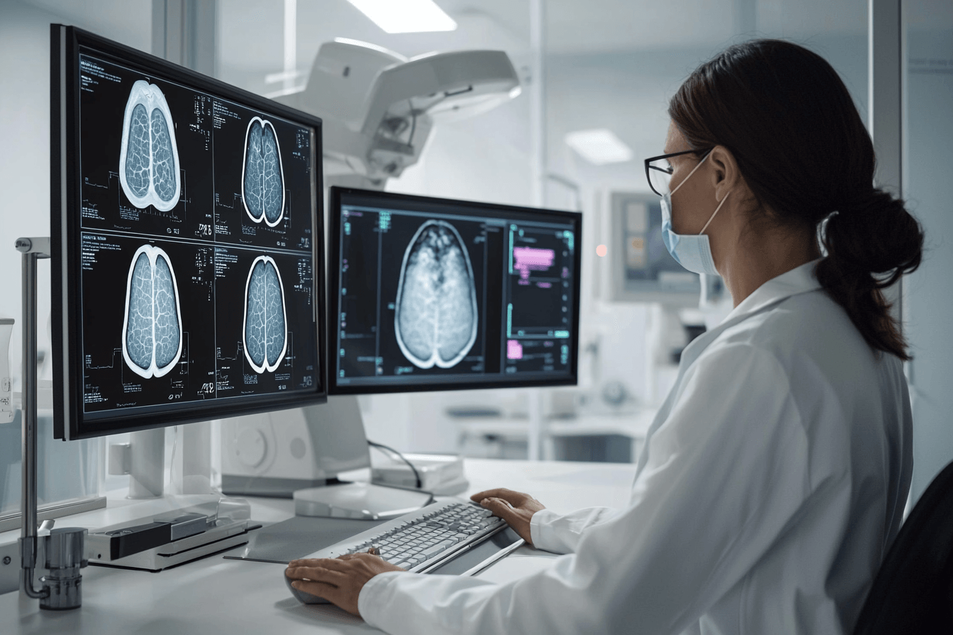 Breast Biopsy Results Explained: Adh, Alh, Fea, Papilloma, And Radial Scar 4 Breast specialist comparing mammogram images and pathology slides to confirm concordance after breast biopsy in a modern clinical setting.