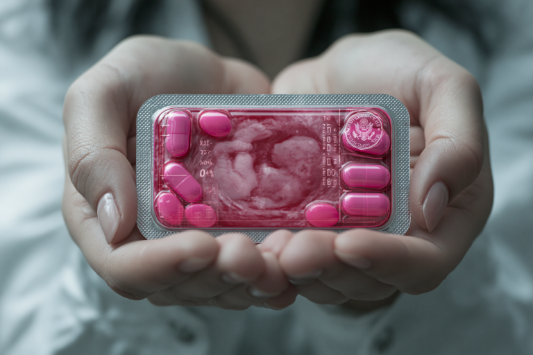 Pregnant woman discussing medication safety guidance with a doctor while reviewing a prescription drug label.