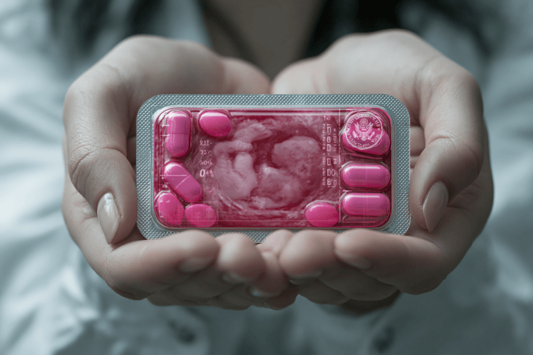 Pregnant woman discussing medication safety guidance with a doctor while reviewing a prescription drug label.
