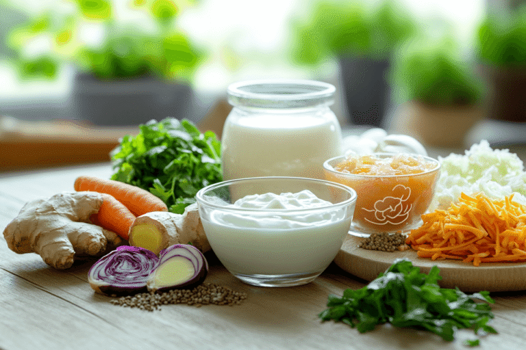 Fermented foods and gut health with yogurt kefir kimchi sauerkraut and Ayurvedic digestive foods