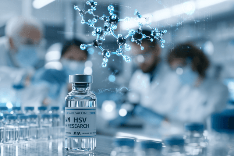 Scientists researching HSV-1 and HSV-2 herpes vaccine development in an advanced biotechnology laboratory during 2026 clinical trials