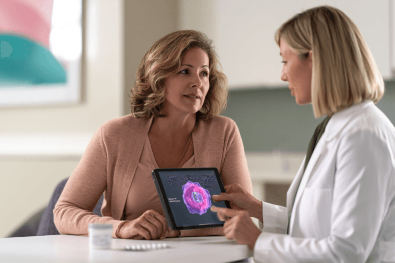 Vepdegestrant for ESR1-mutated breast cancer explained by an oncologist during a patient consultation