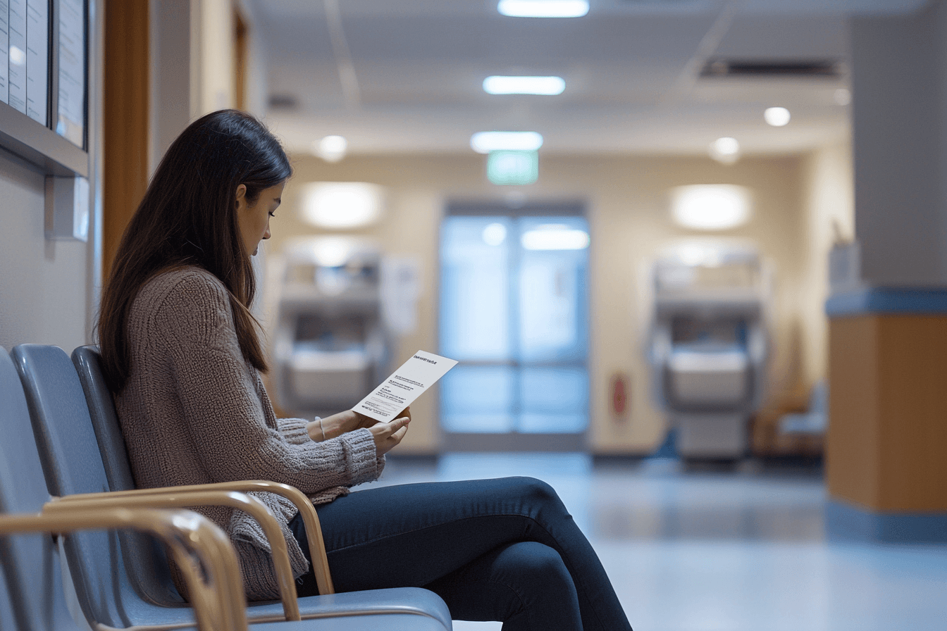 Breast Biopsy Results Explained: Adh, Alh, Fea, Papilloma, And Radial Scar 15 Documentary-style breast imaging center waiting area with a woman attending follow-up surveillance after breast biopsy.