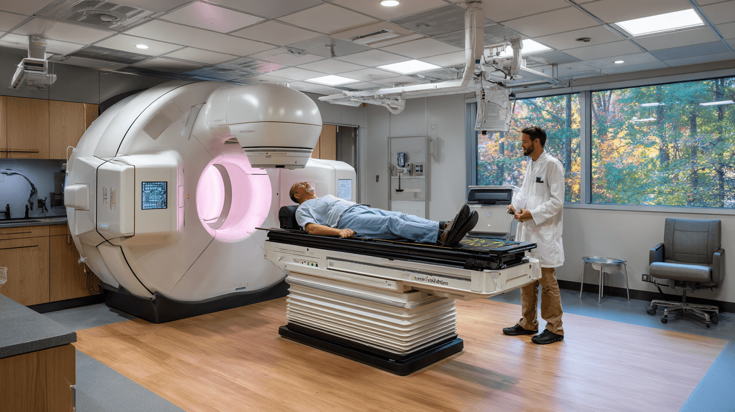 Small Intestine Cancer: Symptoms, Treatment, Surgery, And Ayurvedic Healing Support 8 Patient receiving radiation therapy treatment in a modern oncology center for gastrointestinal cancer care.