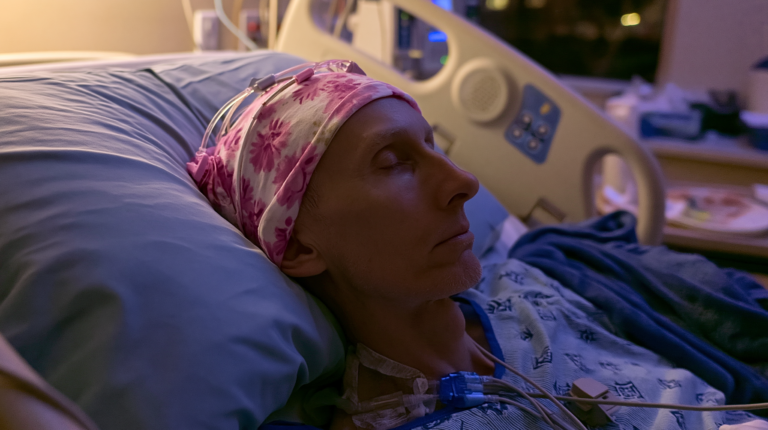 A glioma patient resting in a hospital bed while connected to medical monitoring equipment during treatment.