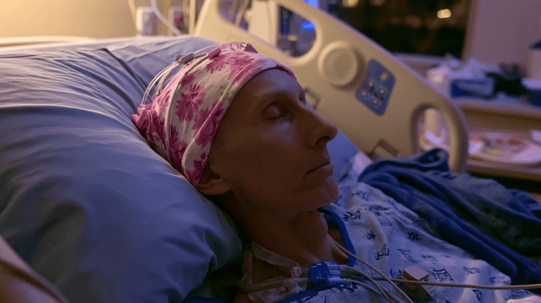 A glioma patient resting in a hospital bed while connected to medical monitoring equipment during treatment.