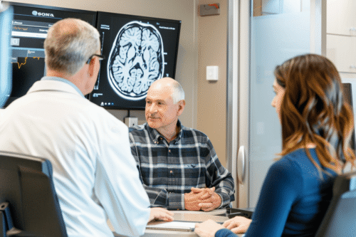 Western glioma patient discussing evidence-based Ayurvedic and integrative care with a doctor beside brain MRI scans