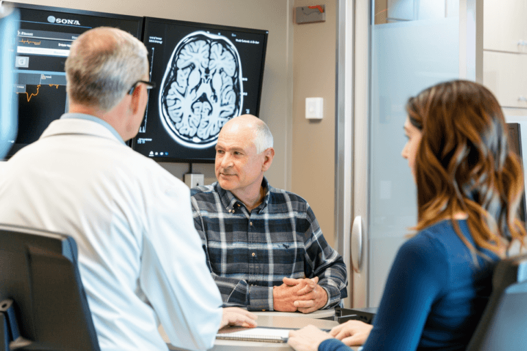 Western glioma patient discussing evidence-based Ayurvedic and integrative care with a doctor beside brain MRI scans