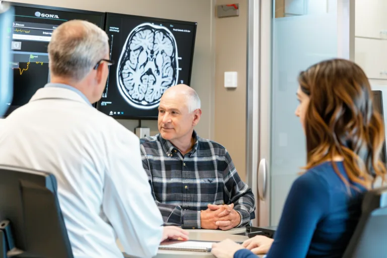 Home 1 Western glioma patient discussing evidence-based ayurvedic and integrative care with a doctor beside brain mri scans