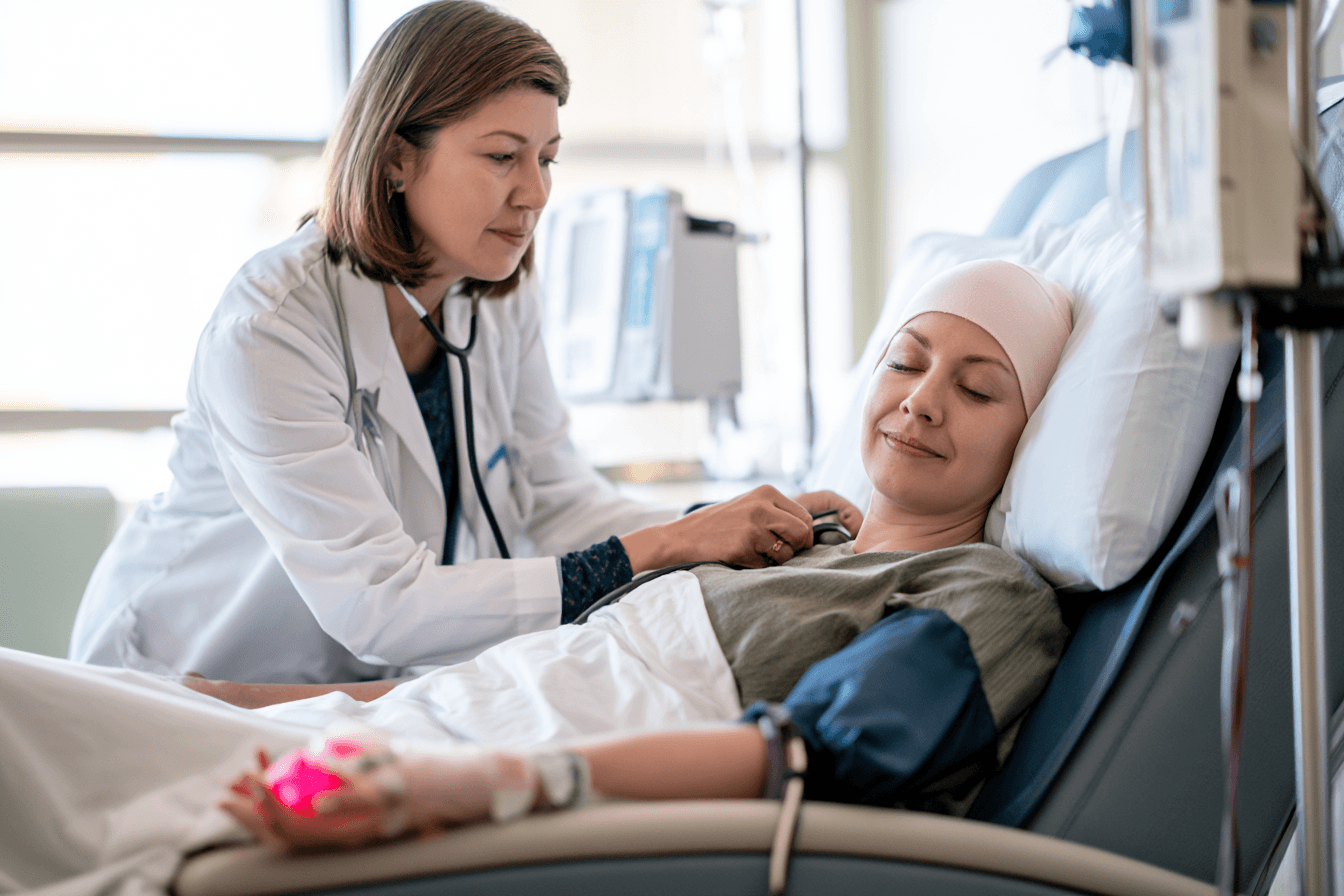 Oncology nurse monitors fatigue, vital signs and neuropathy during chemotherapy for anaplastic thyroid cancer.