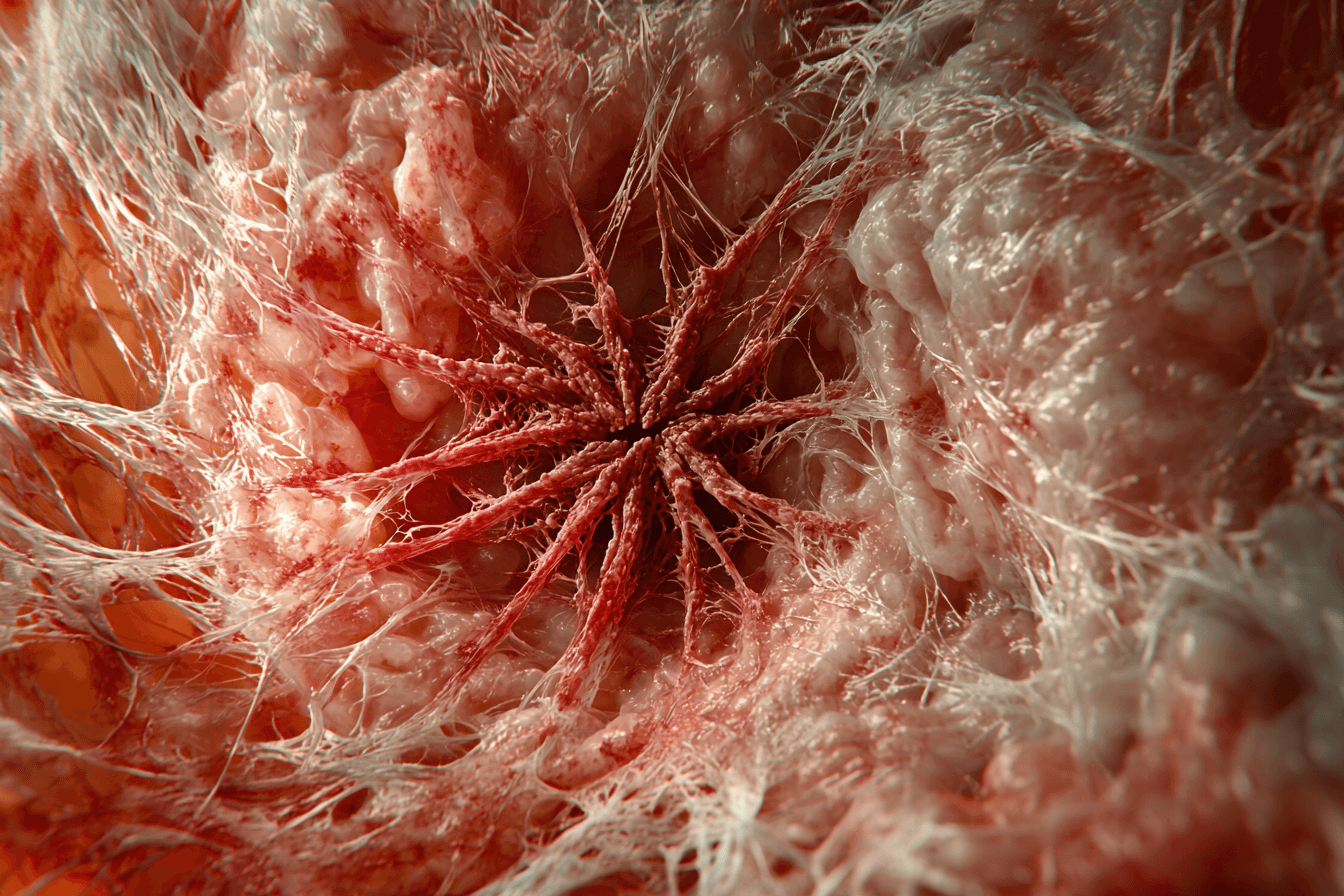 Breast Biopsy Results Explained: Adh, Alh, Fea, Papilloma, And Radial Scar 10 Photorealistic breast tissue visualization showing a star-shaped radial scar and complex sclerosing lesion pattern within glandular breast tissue.