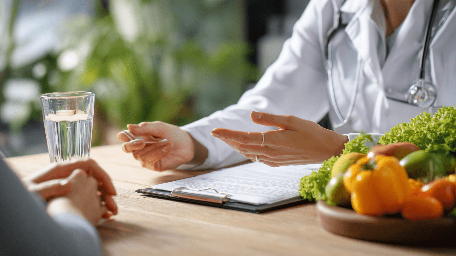 Small Intestine Cancer: Symptoms, Treatment, Surgery, And Ayurvedic Healing Support 19 Doctor discussing digestive health, healthy lifestyle habits, nutrition, and risk reduction strategies for small intestine cancer prevention.