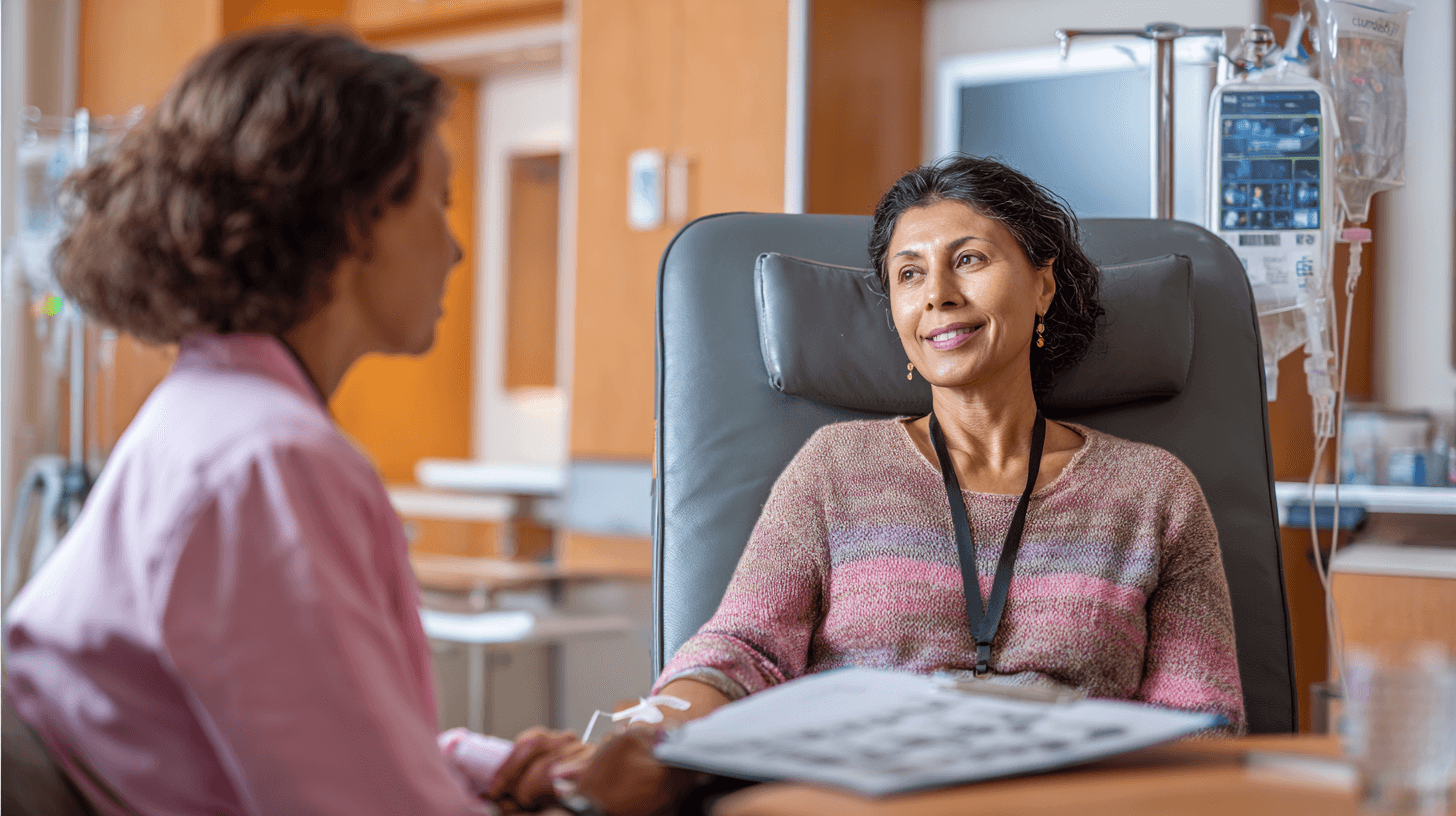 Small Intestine Cancer: Symptoms, Treatment, Surgery, And Ayurvedic Healing Support 14 Cancer patient receiving chemotherapy while discussing immunotherapy, targeted therapy, nutrition, and ayurvedic supportive care with healthcare professionals