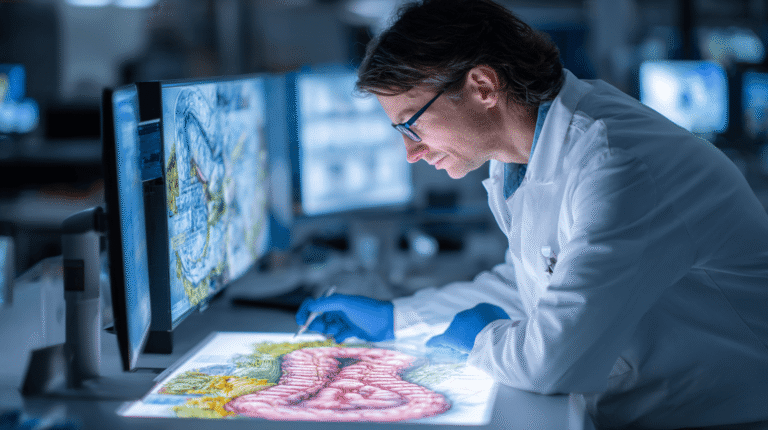 Doctor reviewing human intestinal barrier and gut health research in a clinical laboratory