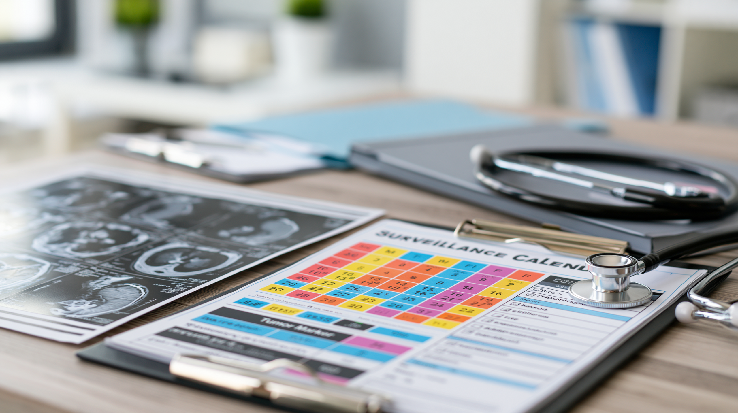 Recurrence-risk reality after crs-hipec shown with oncology follow-up reports, ct scan, tumor marker review, and surveillance calendar.