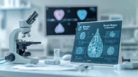 Photorealistic medical desk with pathology report, microscope, and mammogram for breast biopsy results explained