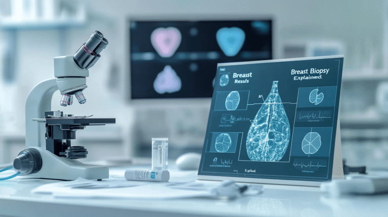 Photorealistic medical desk with pathology report, microscope, and mammogram for breast biopsy results explained