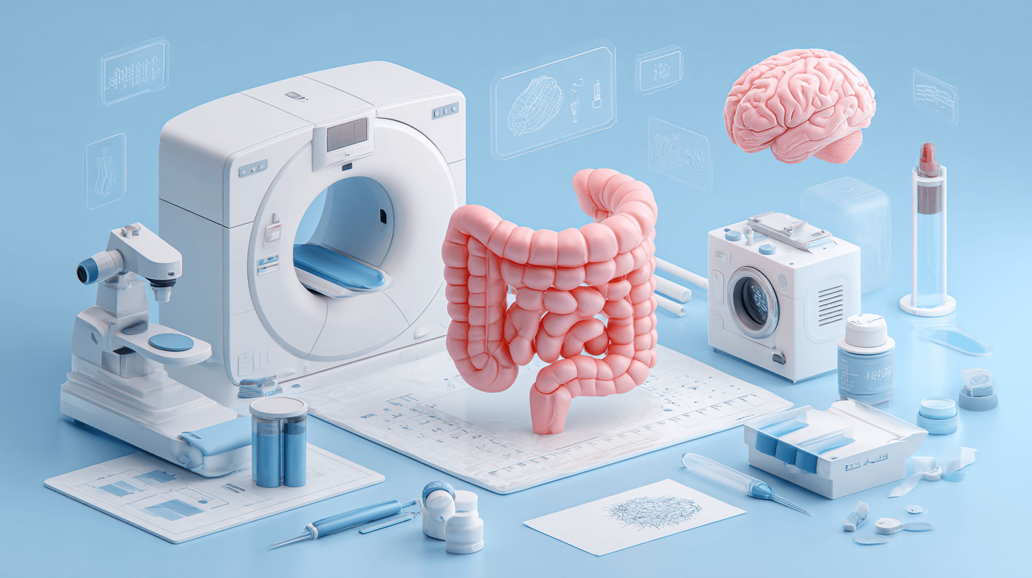 Small Intestine Cancer: Symptoms, Treatment, Surgery, And Ayurvedic Healing Support 6 Medical illustration showing diagnostic tests for small intestine cancer including ct scan, mri, capsule endoscopy, biopsy, pathology, and staging investigations.