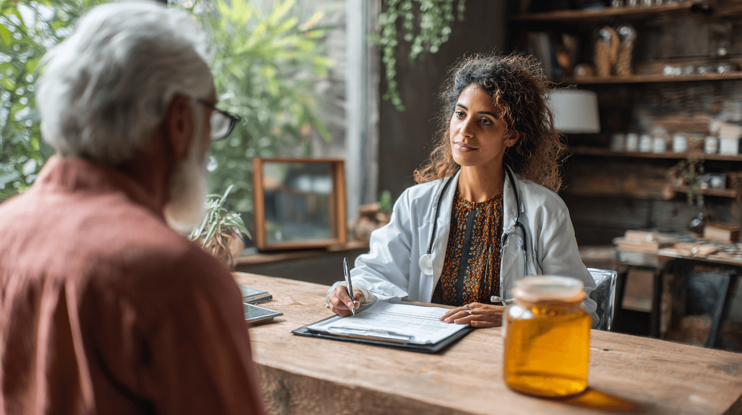 Small Intestine Cancer: Symptoms, Treatment, Surgery, And Ayurvedic Healing Support 9 Ayurvedic doctor explaining integrative healing support for small intestine cancer using reports, rasayana, diet, digestion, and recovery planning.