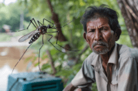 Man with fever symptoms during pre monsoon season with mosquito risk and stagnant water in background