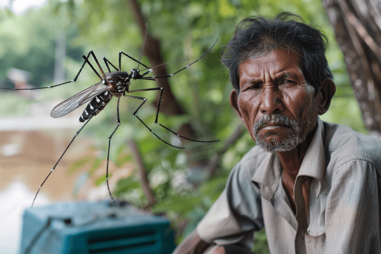 Man with fever symptoms during pre monsoon season with mosquito risk and stagnant water in background