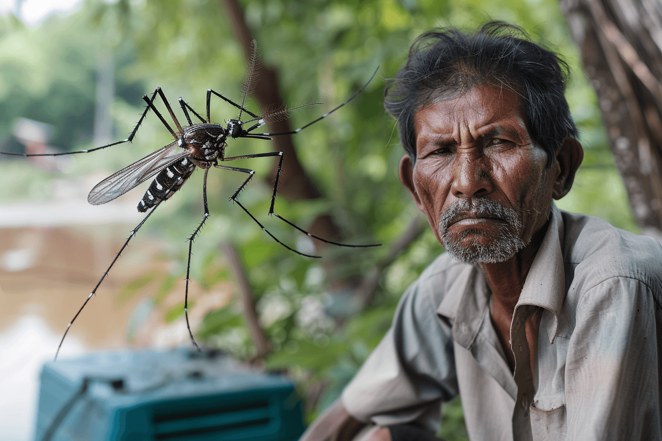 Man with fever symptoms during pre monsoon season with mosquito risk and stagnant water in background