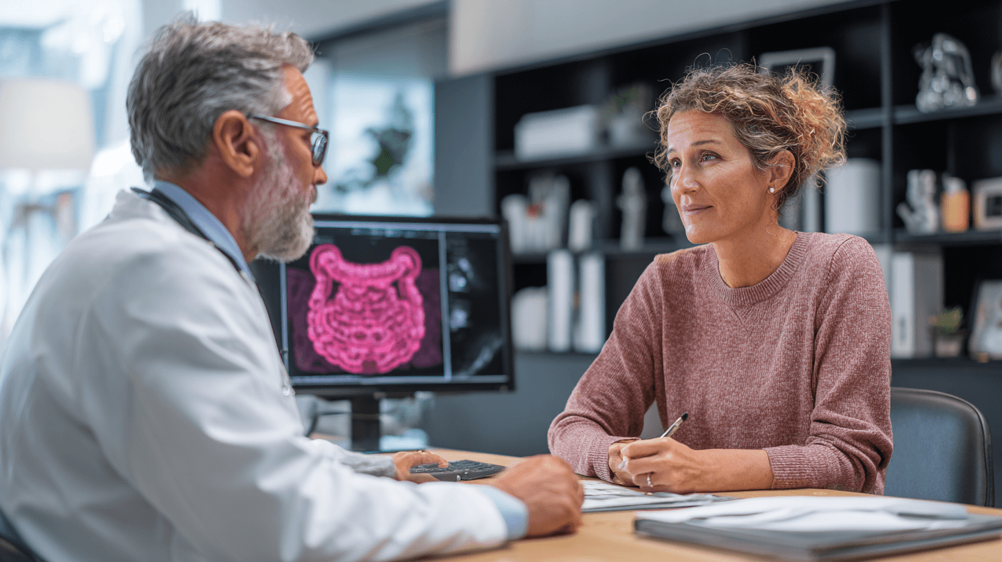 Small Intestine Cancer: Symptoms, Treatment, Surgery, And Ayurvedic Healing Support 11 Patient meeting a surgical oncologist before small intestine cancer surgery for treatment planning, scan review, and preoperative preparation.