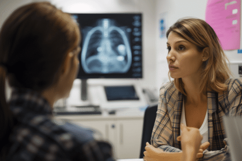 Woman discussing atypical hyperplasia breast biopsy results with breast specialist in modern clinic