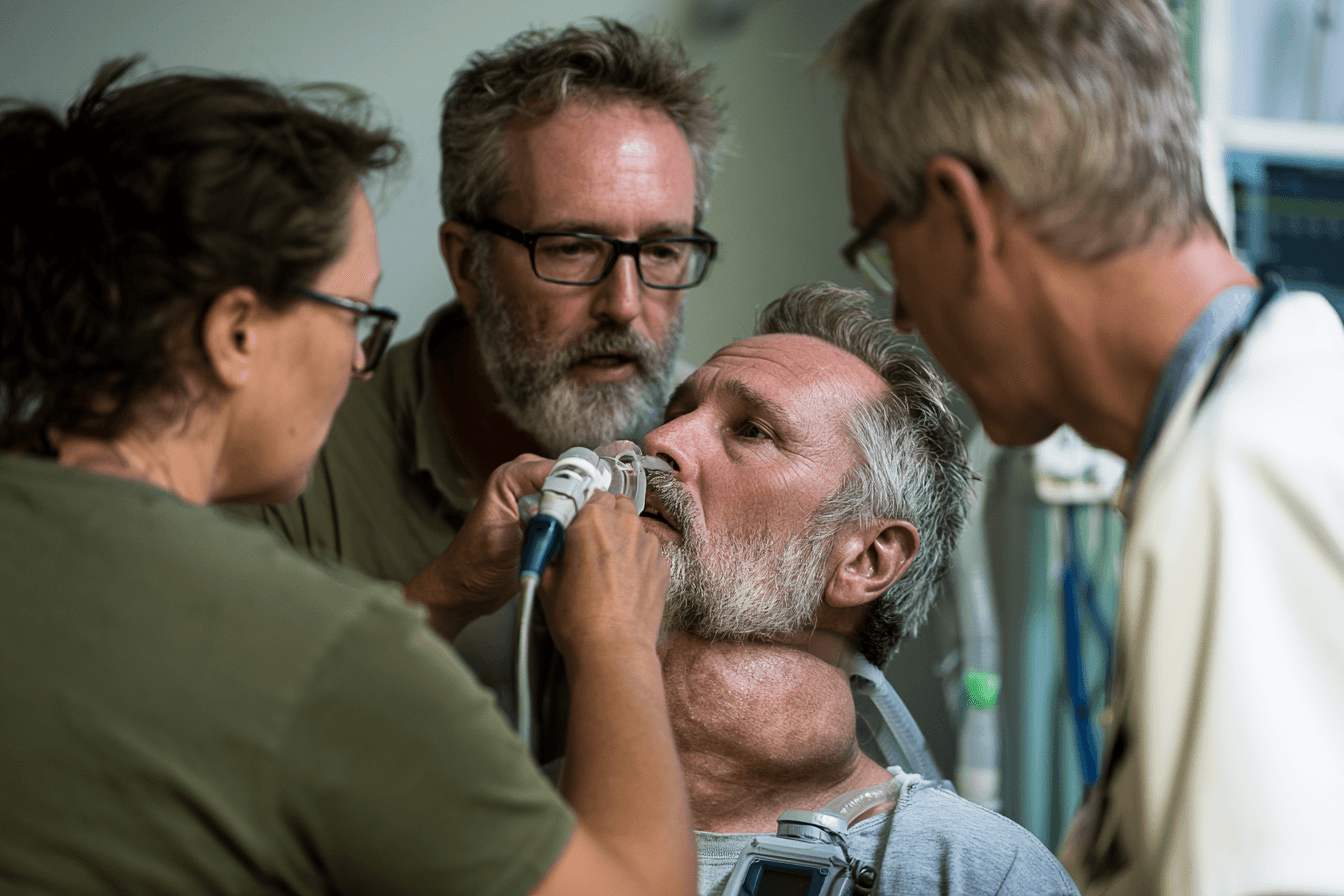 Emergency airway assessment for worsening breathing caused by advanced anaplastic thyroid cancer.