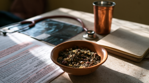 Ayurveda before CRS-HIPEC support with oncology reports, CT scan, Ayurvedic herbs, and pre-surgery preparation checklist on a hospital consultation desk.