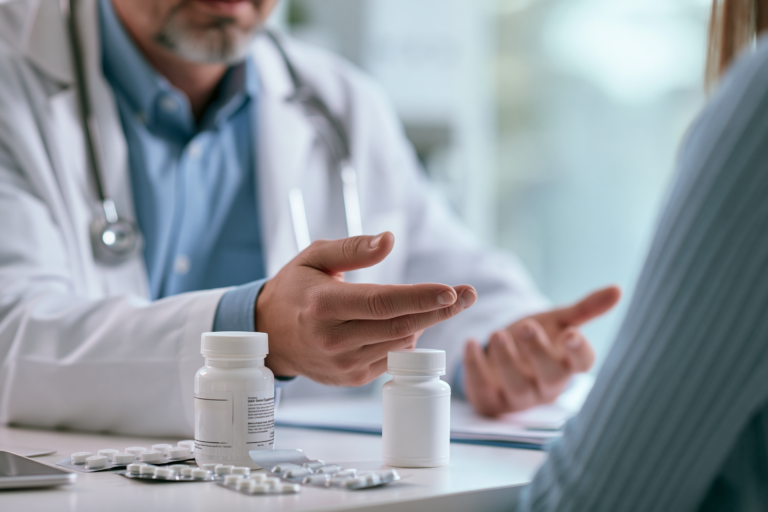 FDA weight loss product warning as a doctor reviews a supplement bottle and medicines with a patient