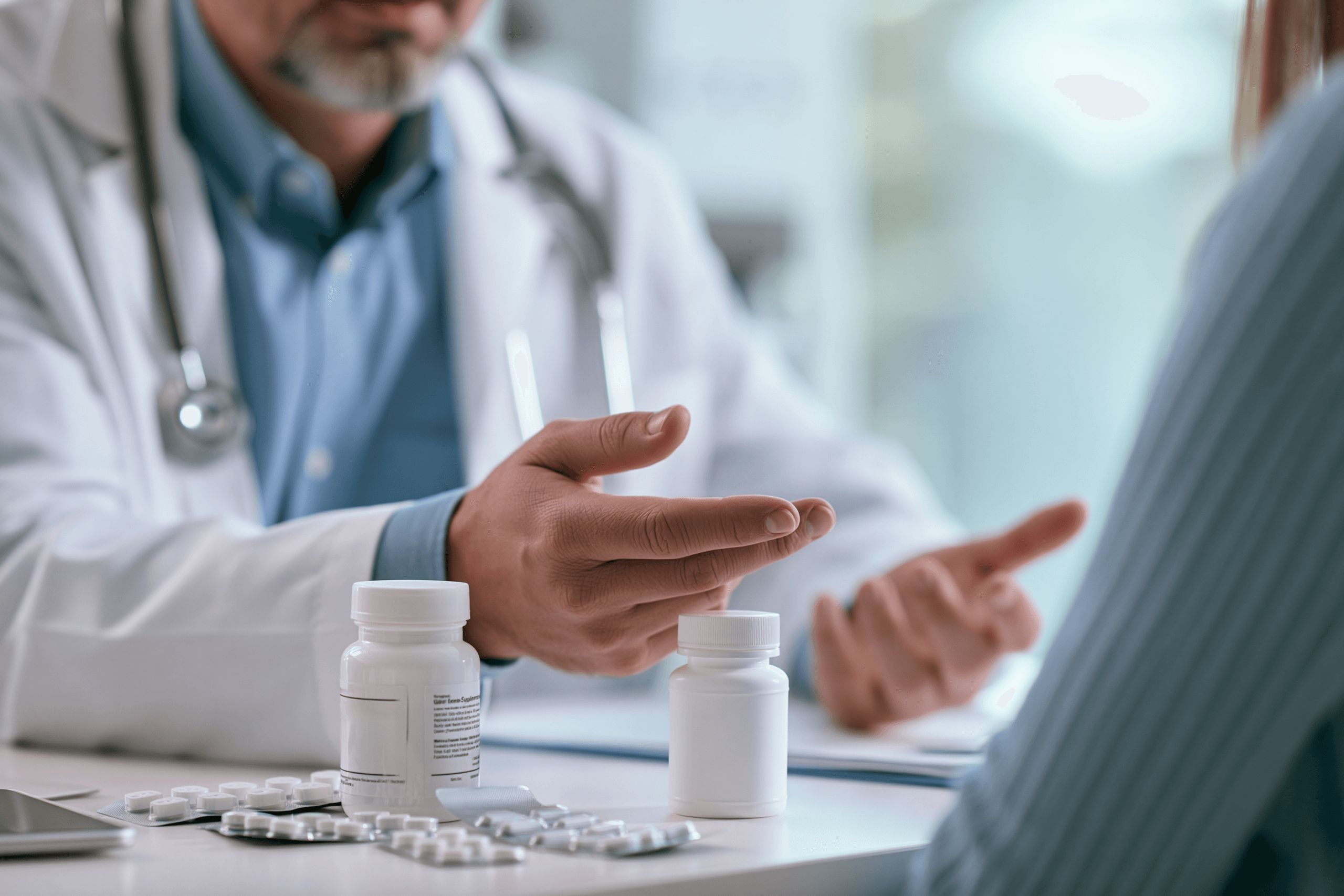Fda weight loss product warning as a doctor reviews a supplement bottle and medicines with a patient