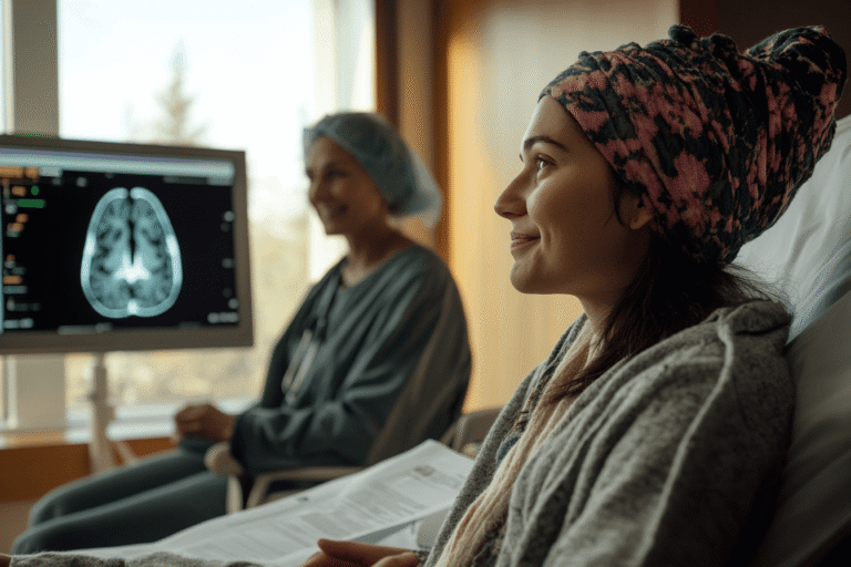 Patient and caregiver discussing glioma recurrence after surgery with a neurosurgeon and Ayurvedic doctor using MRI-based integrative care.