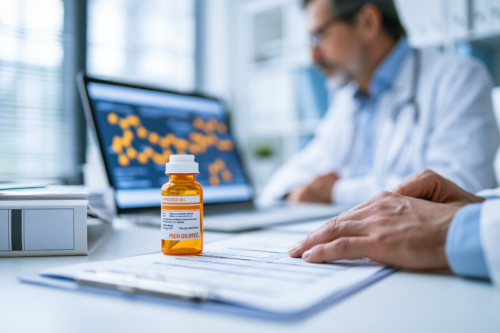 FDA drug repurposing update showing approved medicines, clinical research documents, and a physician scientist reviewing evidence for new medical uses