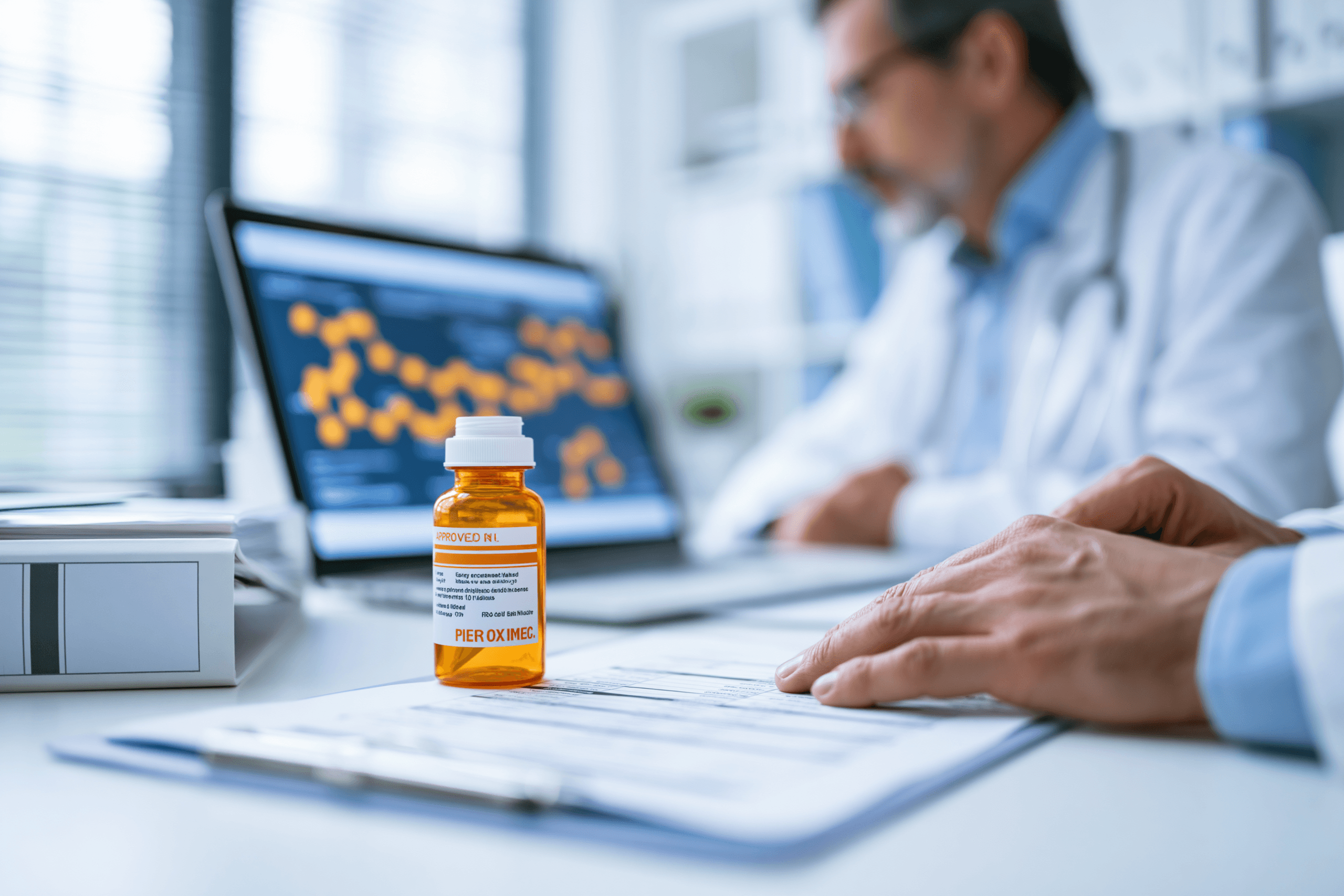 Fda drug repurposing update showing approved medicines, clinical research documents, and a physician scientist reviewing evidence for new medical uses