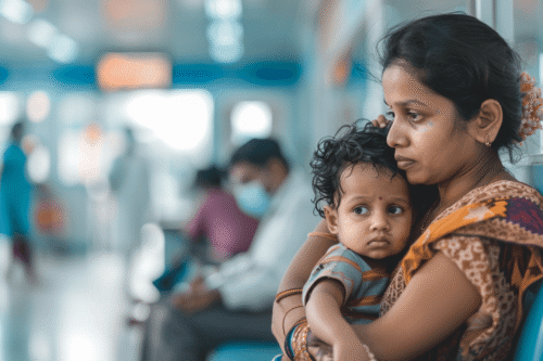 Indian mother holding child in hospital during WHO measles outbreak alert awareness article