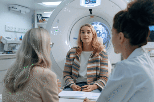 Young female glioblastoma patient discussing MRI brain scan results with neuro-oncology doctors in a modern hospital consultation room.