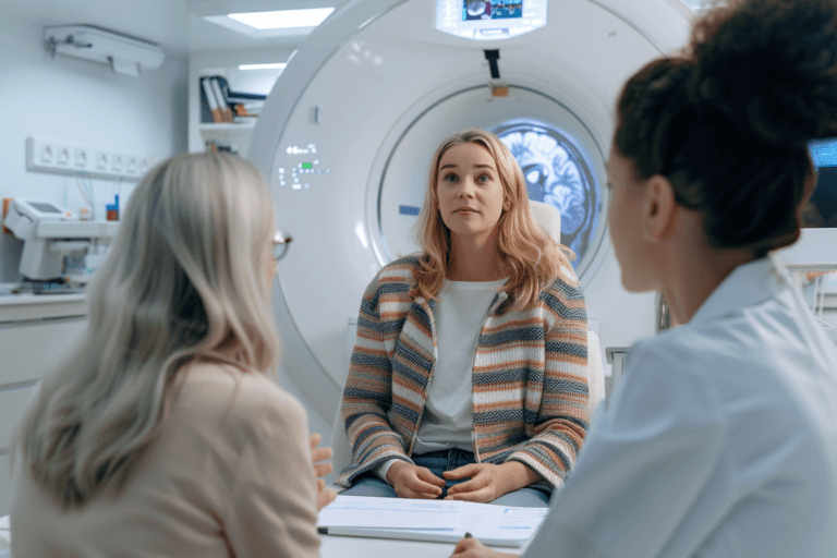 Young female glioblastoma patient discussing mri brain scan results with neuro-oncology doctors in a modern hospital consultation room.
