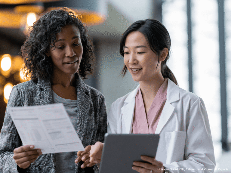 Doctor helping a patient learn how to read PTH calcium vitamin D reports in a clinic