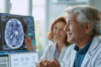 Neuro-oncologist explaining a brain MRI and personalized glioblastoma vaccine research to a patient