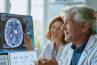 Home 8 Neuro-oncologist explaining a brain mri and personalized glioblastoma vaccine research to a patient