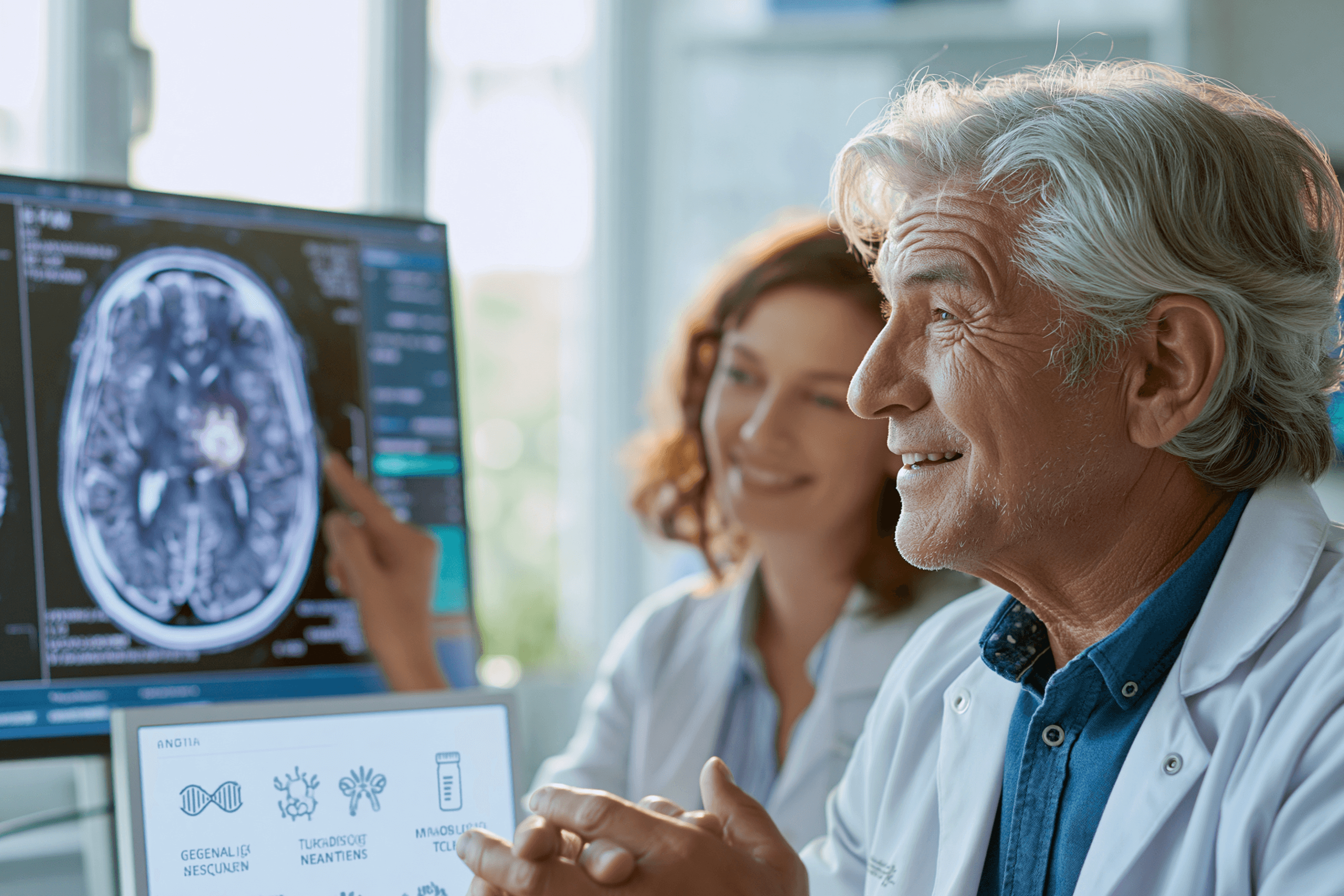 Neuro-oncologist explaining a brain mri and personalized glioblastoma vaccine research to a patient