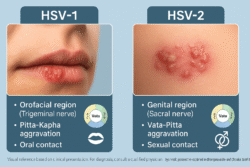 Realistic comparison of hsv-1 and hsv-2 herpes symptoms with ayurvedic dosha mapping and transmission routes.