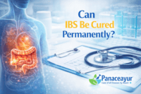 Clinical illustration showing the human digestive system with highlighted intestines alongside medical tools, representing the question of whether irritable bowel syndrome can be cured permanently.