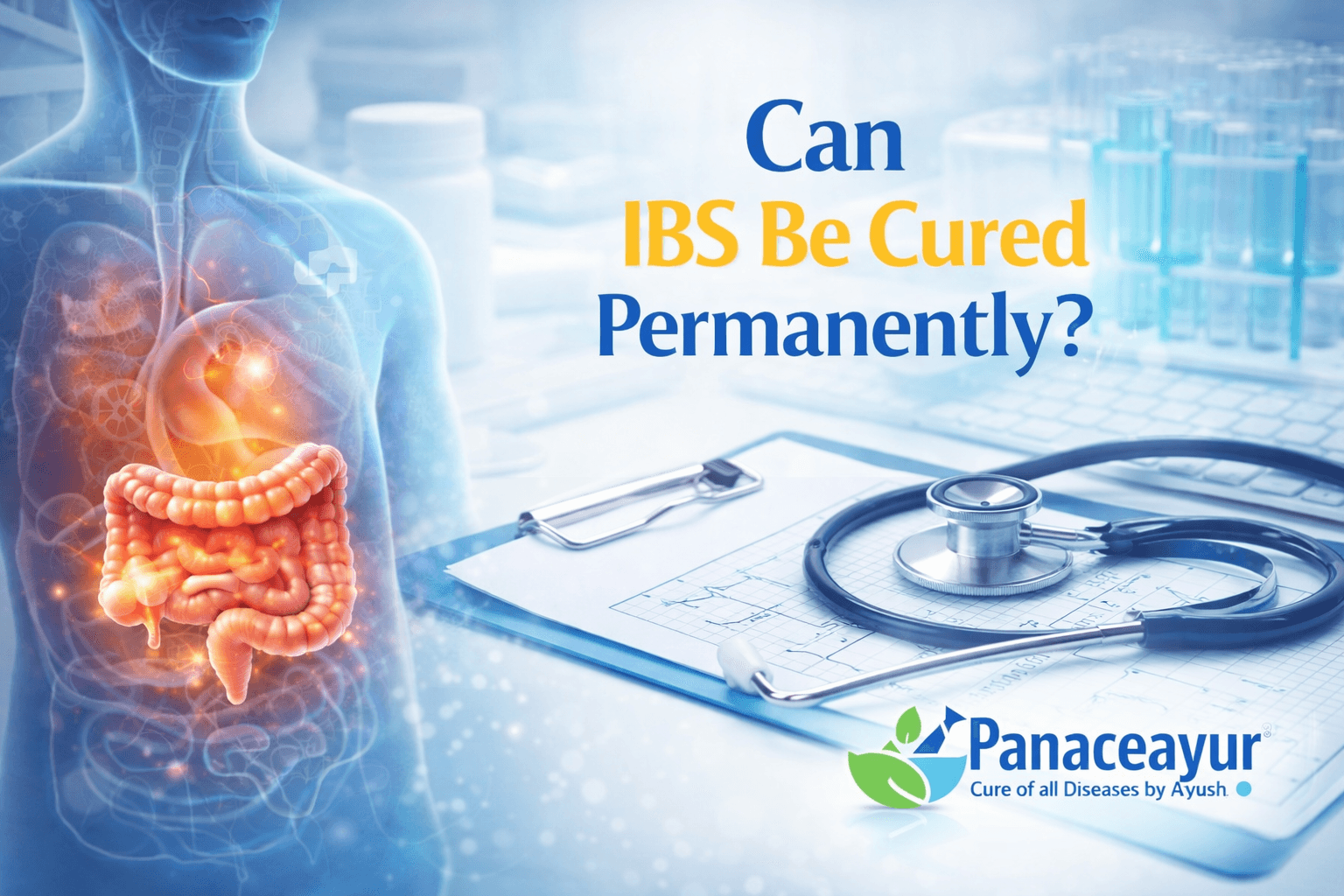 Clinical illustration showing the human digestive system with highlighted intestines alongside medical tools, representing the question of whether irritable bowel syndrome can be cured permanently.