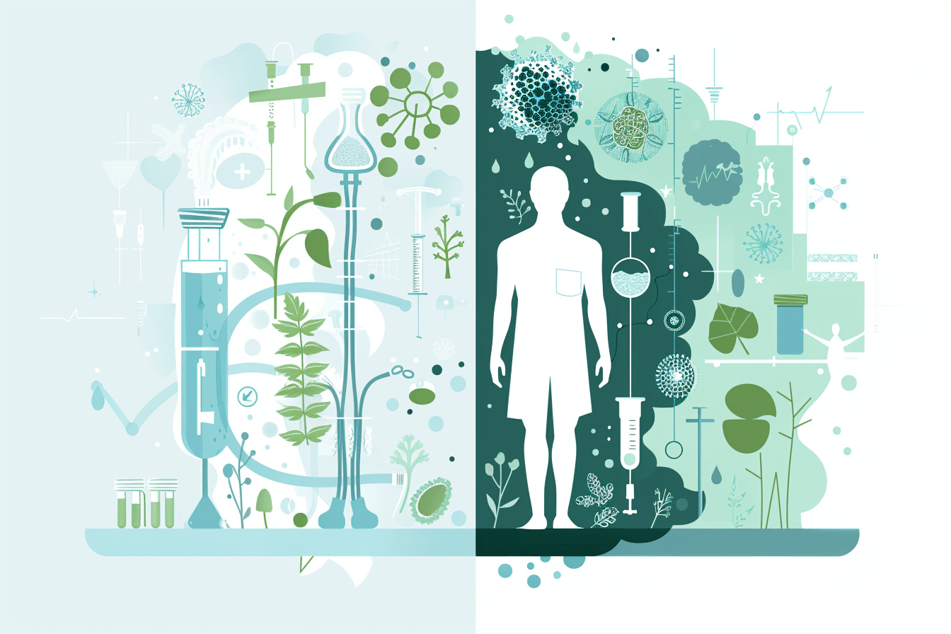 Illustration comparing conventional pancreatic cancer treatment with alternative holistic approaches including herbal and supportive care